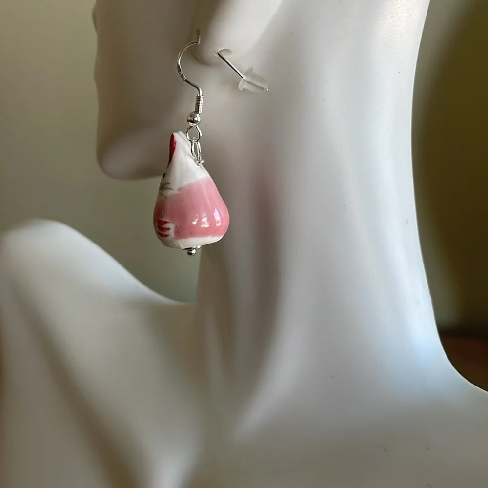 HAND CRAFTED EASTER BUNNY EARRINGS Ceramic Pink White Silver Gold Whimsical Fun
